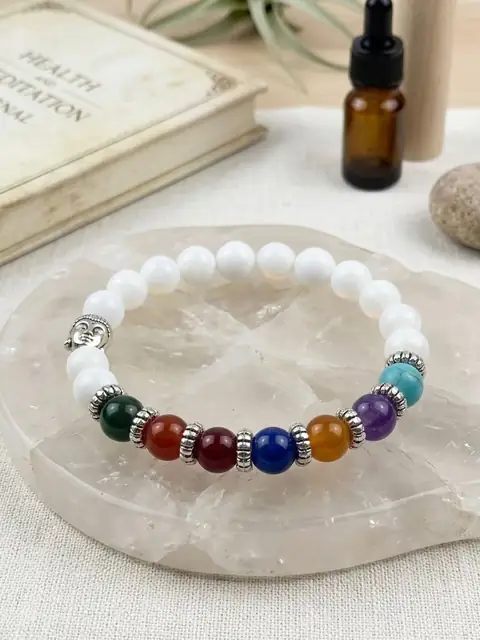 7 Chakra Stone Bracelet with White Turquoise – 8mm Round Smooth Cut Beads, Stretchable Yoga & Healing Energy Bracelet – image 2