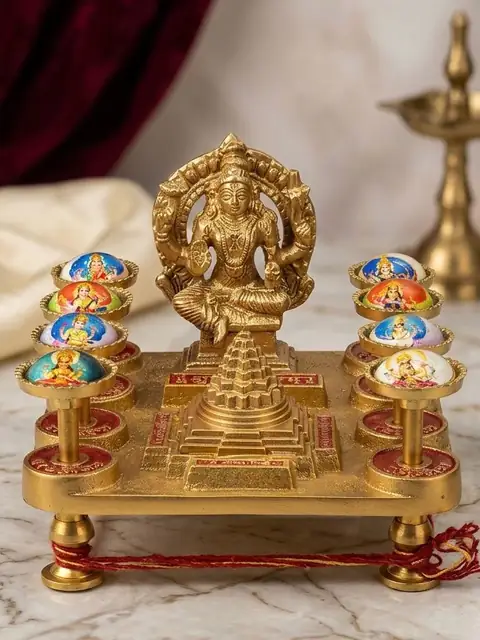 Beautiful Brass Ashtavaibhav Lakshmi Yantra Chowki with Meru Shree Yantra, 8 Devi Pillars. – image 2