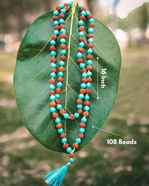 GemsForLuck 5 face rudraksha mala with turquoise mala original certified 108+1 beads turquoise stone necklace for men 7mm bead size firoza stone mala original certified – image 3