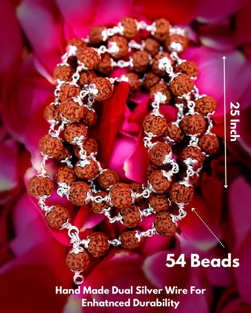 GemsForLuck 5 face silver cap indonesia rudraksha mala Rudraksha Mala in Silver Diamond Cut Caps (5 mm, 55 Beads, Lab Certified) - Special Edition - Natural Rudraksha Beads - Pure Silver - Pack of 1