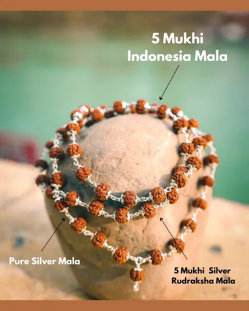GemsForLuck 5 face silver cap indonesia rudraksha mala Rudraksha Mala in Silver Diamond Cut Caps (5 mm, 55 Beads, Lab Certified) - Special Edition - Natural Rudraksha Beads - Pure Silver - Pack of 1 – image 3