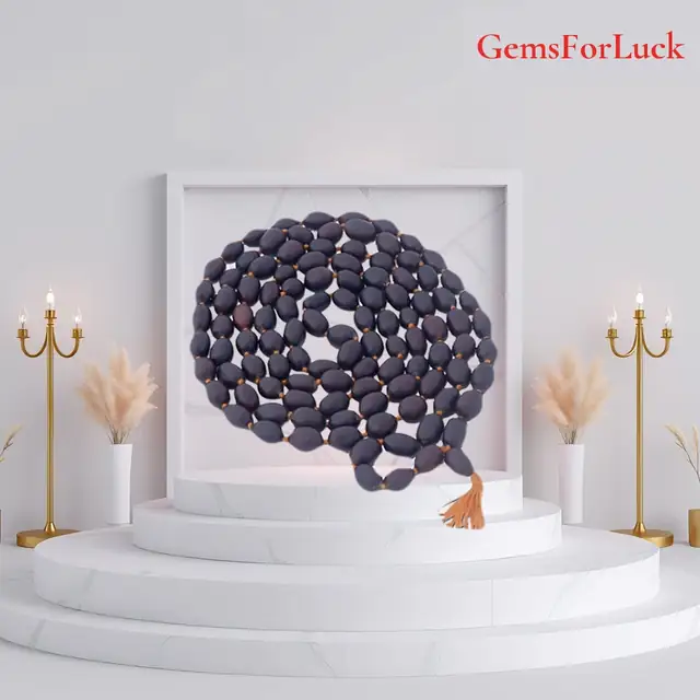 GemsForLuck Men's Wood Kamal Gatta Mala with 108 Lotus Seeds (Black) – image 2