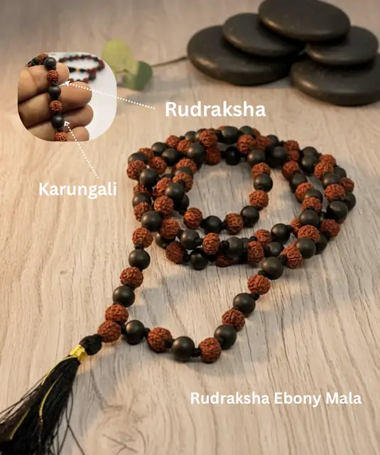 GemsForLuck Rudraksha and Ebony Karungali Beads Mala, Brown, Natural, Spiritual Protection Necklace for Men & Women, Meditation, Yoga, Puja