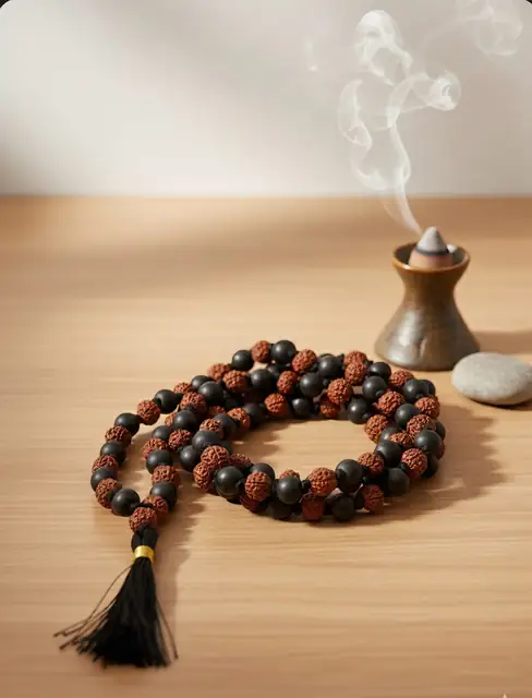 GemsForLuck Rudraksha and Ebony Karungali Beads Mala, Brown, Natural, Spiritual Protection Necklace for Men & Women, Meditation, Yoga, Puja – image 5