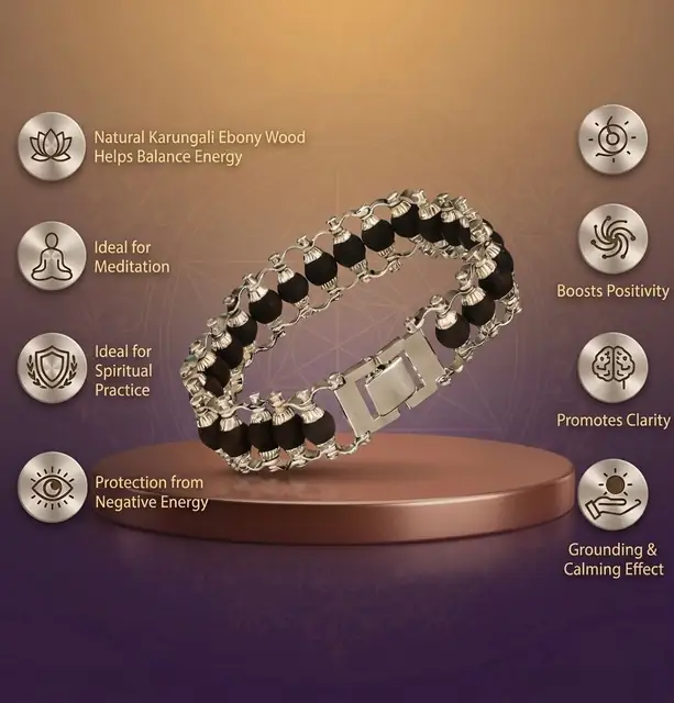 Karungali Modern Bracelet Silver Plated – Natural Ebony Wood Beads for Men & Women – image 3