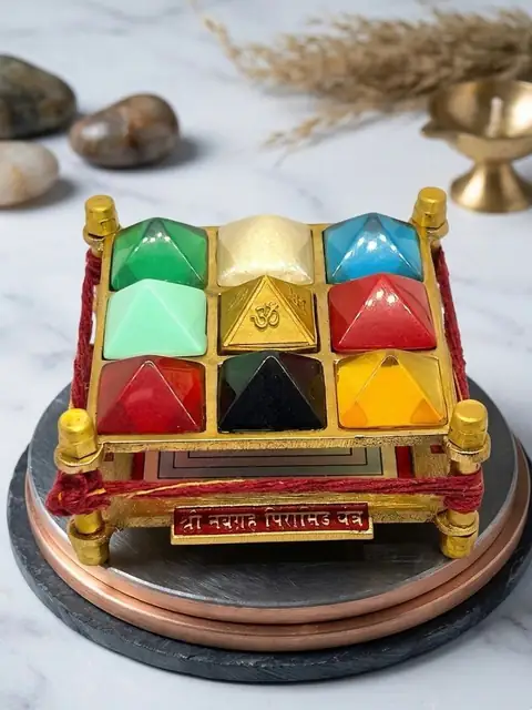 Navgrah Yantra Brass Frame with Multicolor Gemstones, 9 Planets (3.5*3.5 inches) – image 7